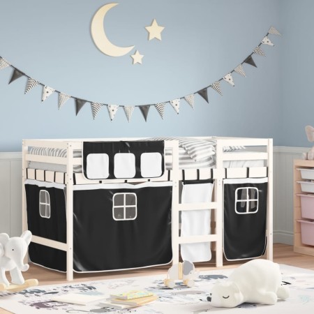 vidaXL Kinderhochbett mit Vorhängen Weiß Schwarz 90x200 cm Kiefernholz
