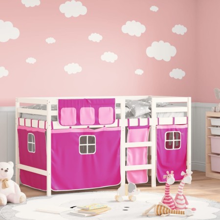 vidaXL Kinderhochbett mit Vorhängen Rosa 90x200 cm Massivholz Kiefer