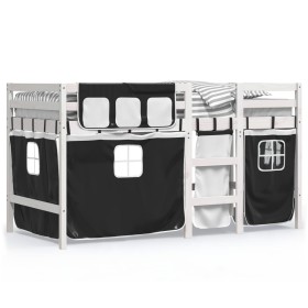 vidaXL Kinderhochbett mit Vorhängen Weiß Schwarz 90x190 cm Kiefernholz