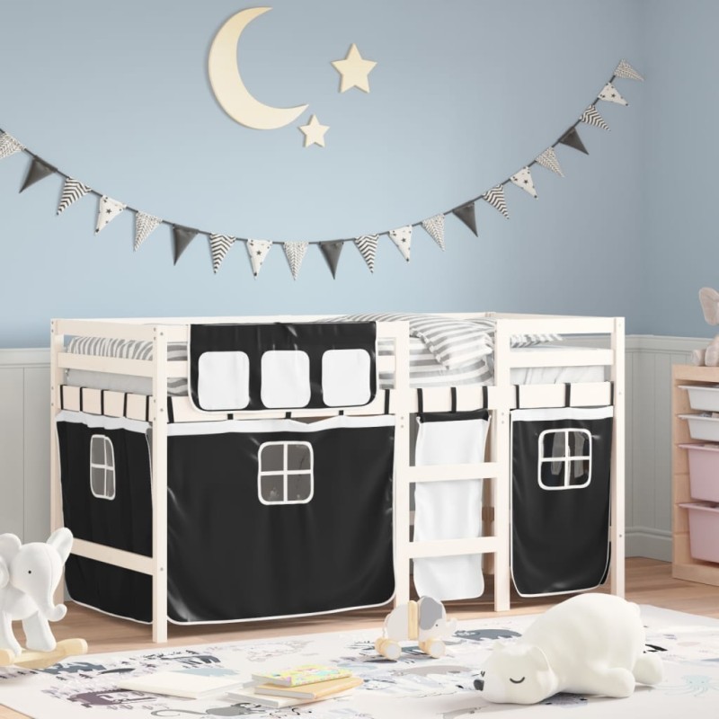 vidaXL Kinderhochbett mit Vorhängen Weiß und Schwarz Massivholz Kiefer vidaXL Kinderhochbett mit Vorhängen Weiß und Schwarz Massivholz Kiefer