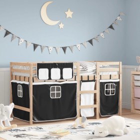 vidaXL Kinderhochbett mit Vorhängen Weiß Schwarz 90x190 cm Kiefernholz