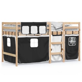 vidaXL Kinderhochbett mit Vorhängen Weiß Schwarz 90x190 cm Kiefernholz