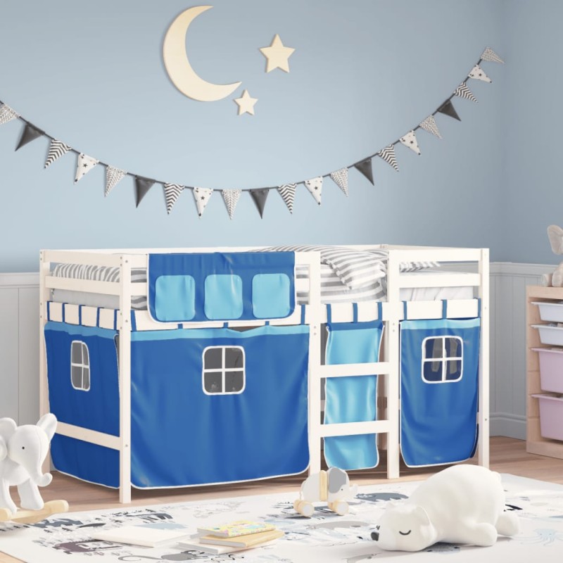 vidaXL Kinderhochbett mit Vorhängen Blau 90x190 cm Massivholz Kiefer vidaXL Kinderhochbett mit Vorhängen Blau 90x190 cm Massivholz Kiefer