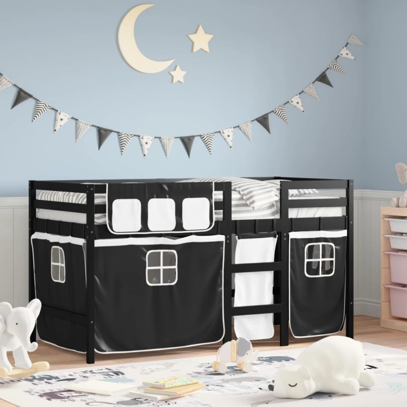 vidaXL Kinderhochbett mit Vorhängen Weiß Schwarz 90x190 cm Kiefernholz vidaXL Kinderhochbett mit Vorhängen Weiß Schwarz 90x190 cm Kiefernholz