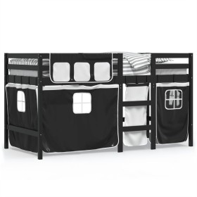 vidaXL Kinderhochbett mit Vorhängen Weiß und Schwarz Massivholz Kiefer