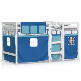 vidaXL Kinderhochbett mit Vorhängen Blau 90x200 cm Massivholz Kiefer