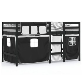 vidaXL Kinderhochbett mit Vorhängen Weiß Schwarz 90x200 cm Kiefernholz