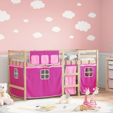 vidaXL Kinderhochbett mit Vorhängen Rosa 90x190 cm Massivholz Kiefer