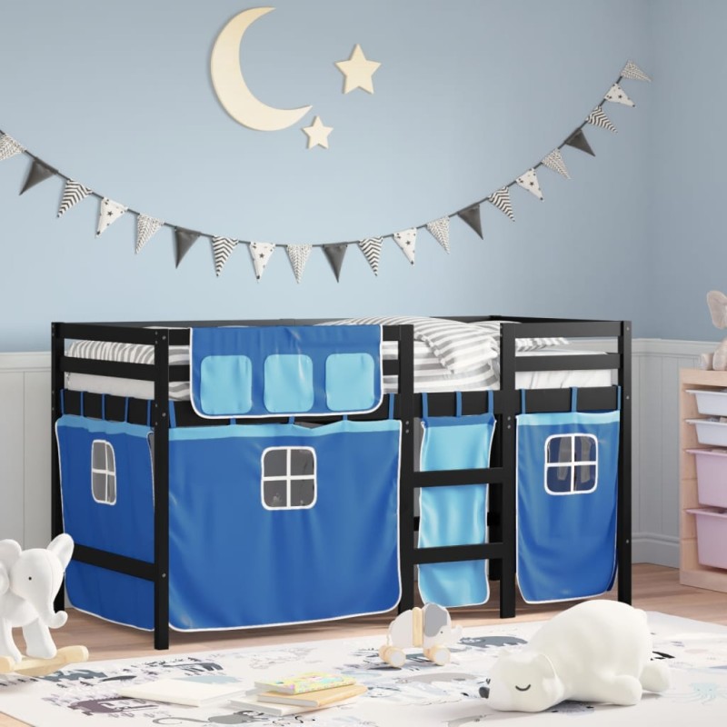 vidaXL Kinderhochbett mit Vorhängen Blau 90x190 cm Massivholz Kiefer vidaXL Kinderhochbett mit Vorhängen Blau 90x190 cm Massivholz Kiefer