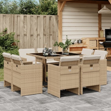 vidaXL 9-tlg. Garten-Essgruppe mit Kissen Beige Poly Rattan