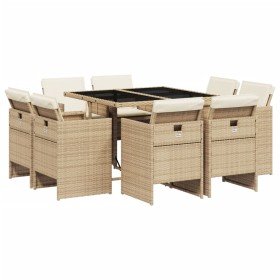 vidaXL 9-tlg. Garten-Essgruppe mit Kissen Beige Poly Rattan