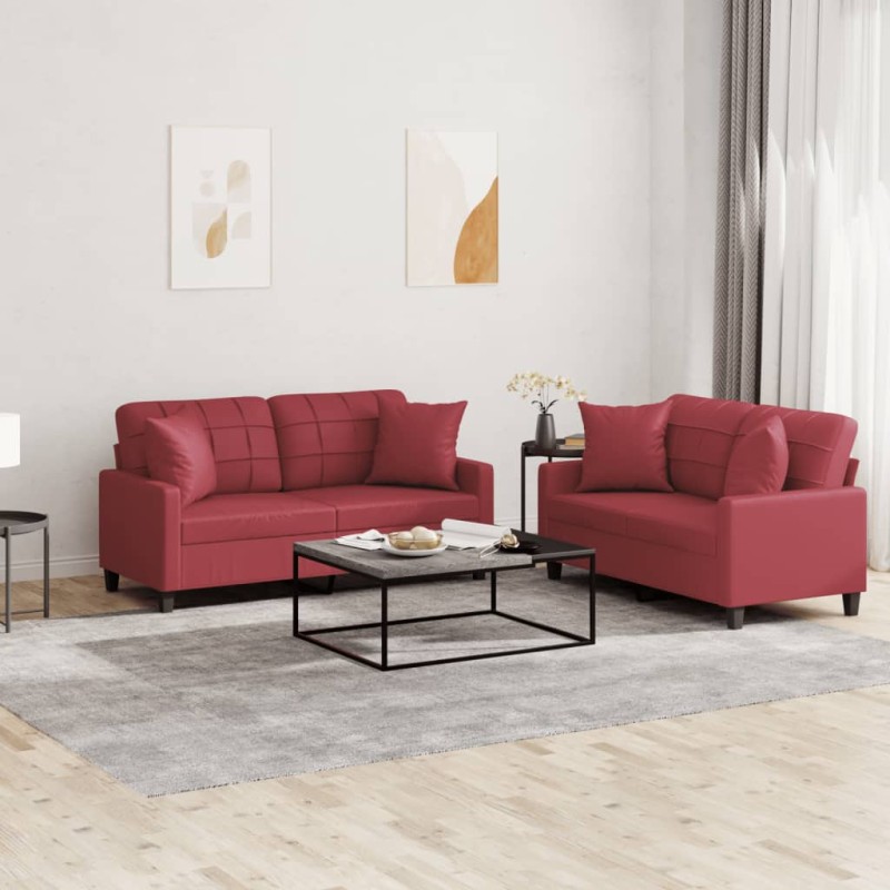 vidaXL 2-tlg. Sofagarnitur mit Kissen Weinrot Kunstleder vidaXL 2-tlg. Sofagarnitur mit Kissen Weinrot Kunstleder