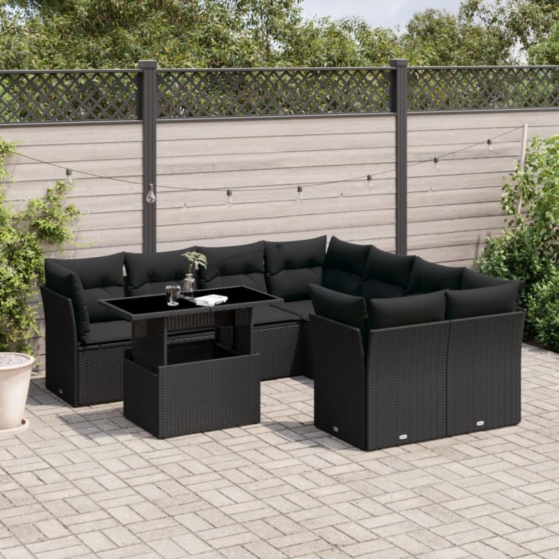 vidaXL 9-tlg. Garten-Sofagarnitur mit Kissen Schwarz Poly Rattan vidaXL 9-tlg. Garten-Sofagarnitur mit Kissen Schwarz Poly Rattan