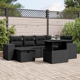 vidaXL 7-tlg. Garten-Sofagarnitur mit Kissen Schwarz Poly Rattan