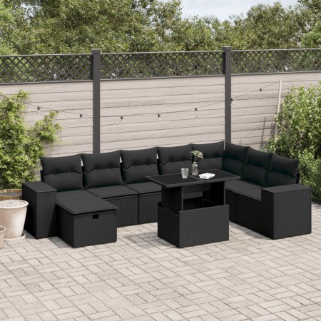 vidaXL 9-tlg. Garten-Sofagarnitur mit Kissen Schwarz Poly Rattan
