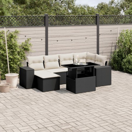 vidaXL 7-tlg. Garten-Sofagarnitur mit Kissen Schwarz Poly Rattan