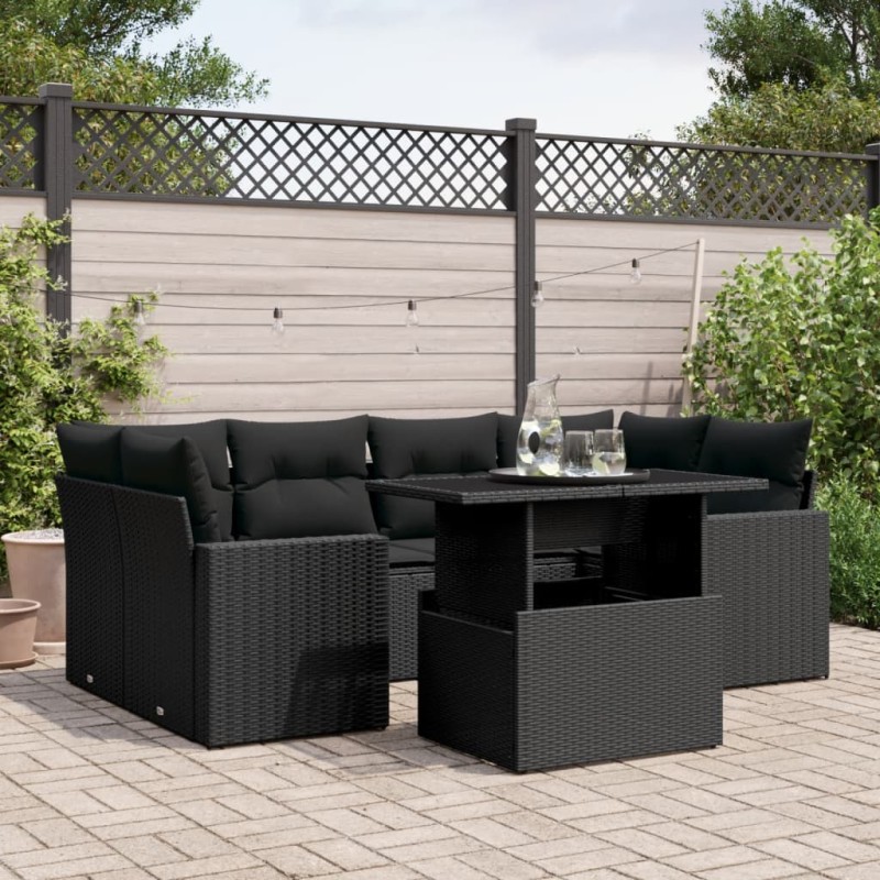 vidaXL 7-tlg. Garten-Sofagarnitur mit Kissen Schwarz Poly Rattan vidaXL 7-tlg. Garten-Sofagarnitur mit Kissen Schwarz Poly Rattan