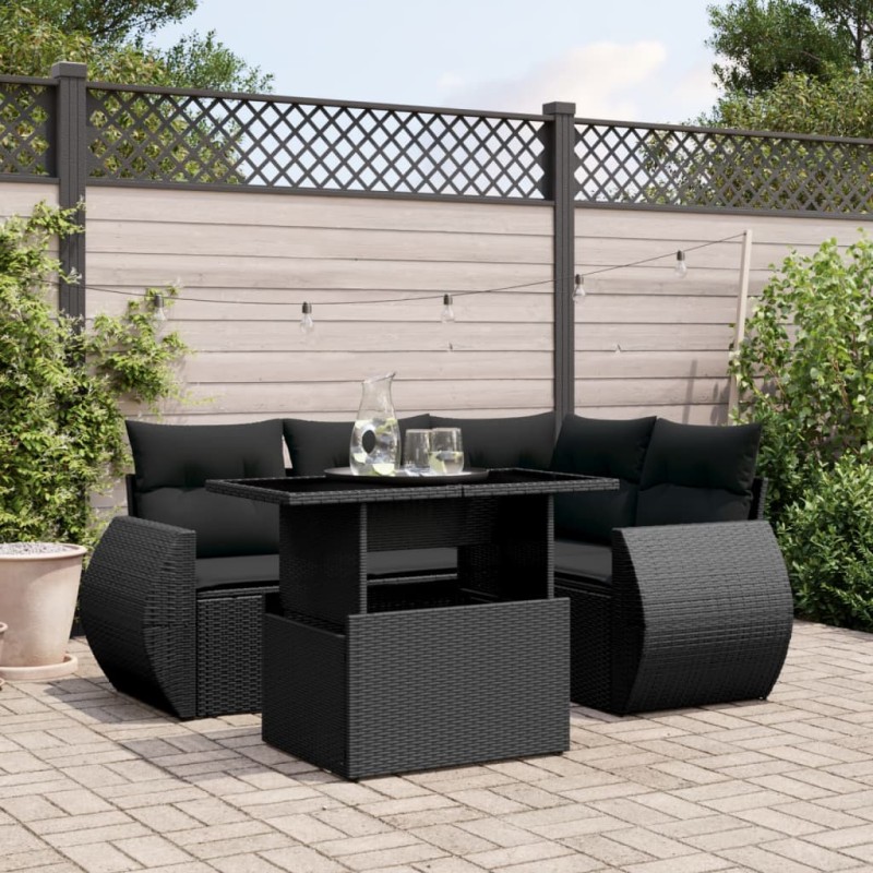 vidaXL 5-tlg. Garten-Sofagarnitur mit Kissen Schwarz Poly Rattan vidaXL 5-tlg. Garten-Sofagarnitur mit Kissen Schwarz Poly Rattan