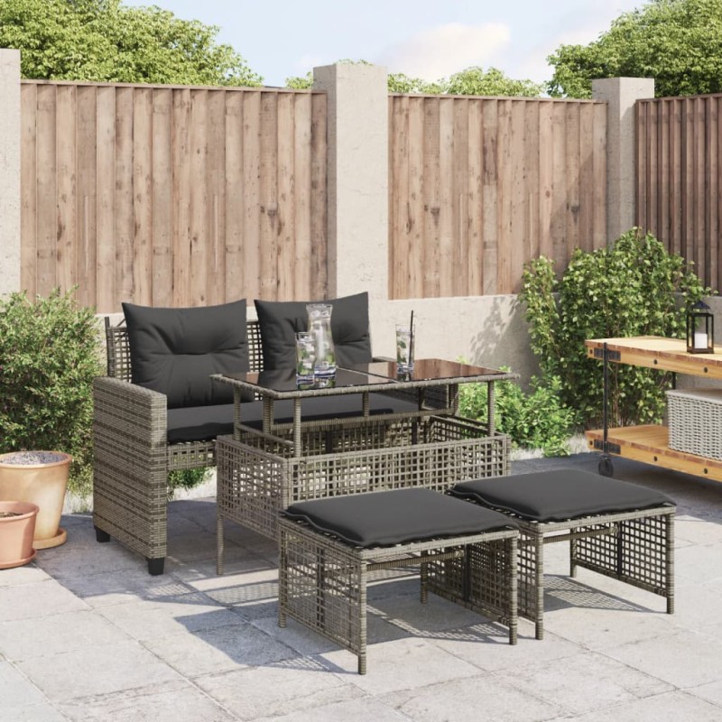 vidaXL 4-tlg. Garten-Sofagarnitur mit Kissen Grau Poly Rattan Glas vidaXL 4-tlg. Garten-Sofagarnitur mit Kissen Grau Poly Rattan Glas