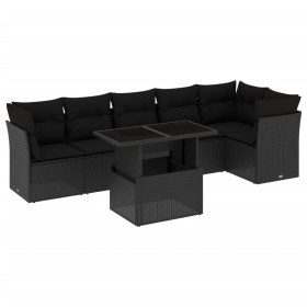 vidaXL 7-tlg. Garten-Sofagarnitur mit Kissen Schwarz Poly Rattan