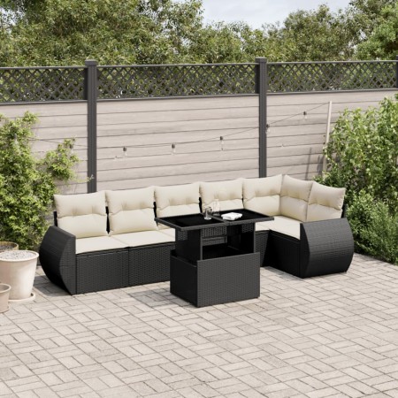vidaXL 7-tlg. Garten-Sofagarnitur mit Kissen Schwarz Poly Rattan