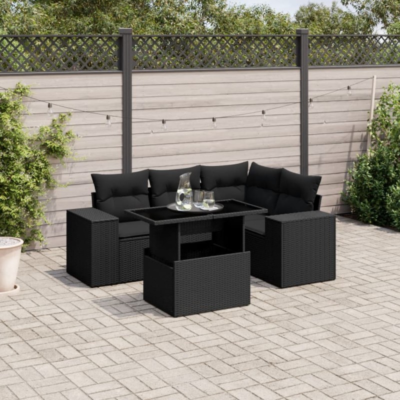 vidaXL 5-tlg. Garten-Sofagarnitur mit Kissen Schwarz Poly Rattan vidaXL 5-tlg. Garten-Sofagarnitur mit Kissen Schwarz Poly Rattan