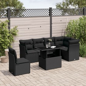 vidaXL 7-tlg. Garten-Sofagarnitur mit Kissen Schwarz Poly Rattan