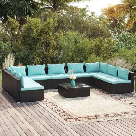 vidaXL 10-tlg. Garten-Lounge-Set mit Kissen Poly Rattan Schwarz