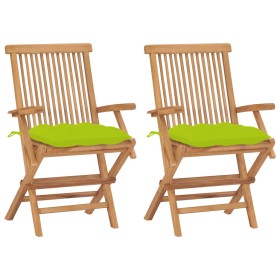 vidaXL Gartenstühle mit Hellgrünen Kissen 2 Stk. Massivholz Teak