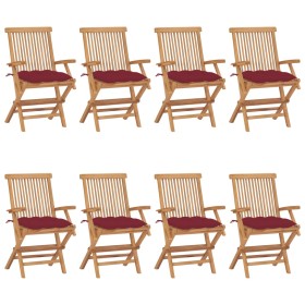 vidaXL Gartenstühle mit Weinroten Kissen 8 Stk. Massivholz Teak