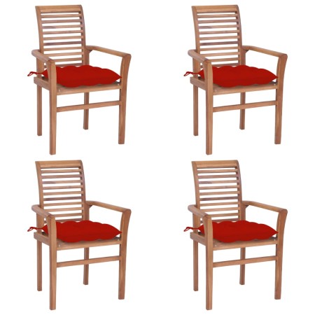 vidaXL Essstühle 4 Stk. mit Roten Kissen Massivholz Teak