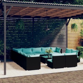 vidaXL 14-tlg. Garten-Lounge-Set mit Kissen Schwarz Poly Rattan