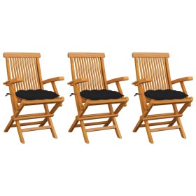 vidaXL Gartenstühle mit Schwarzen Kissen 3 Stk. Massivholz Teak