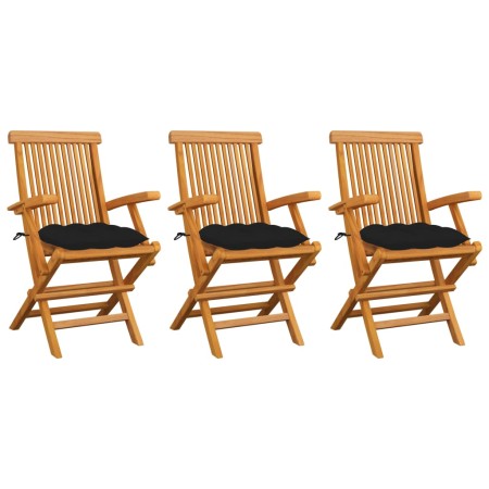 vidaXL Gartenstühle mit Schwarzen Kissen 3 Stk. Massivholz Teak