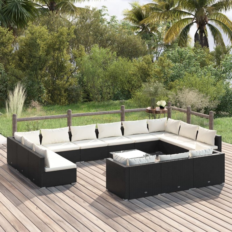 vidaXL 14-tlg. Garten-Lounge-Set mit Kissen Schwarz Poly Rattan vidaXL 14-tlg. Garten-Lounge-Set mit Kissen Schwarz Poly Rattan