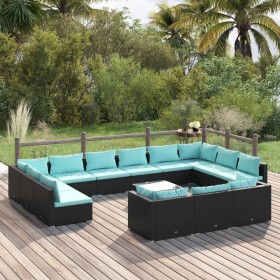 vidaXL 14-tlg. Garten-Lounge-Set mit Kissen Schwarz Poly Rattan