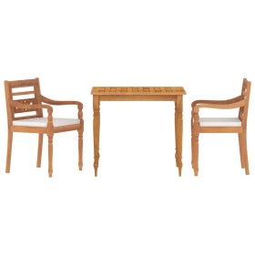 vidaXL 3-tlg. Garten-Essgruppe mit Weißen Kissen Massivholz Teak
