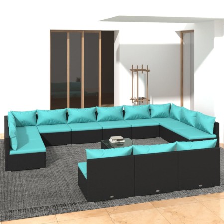 vidaXL 14-tlg. Garten-Lounge-Set mit Kissen Schwarz Poly Rattan