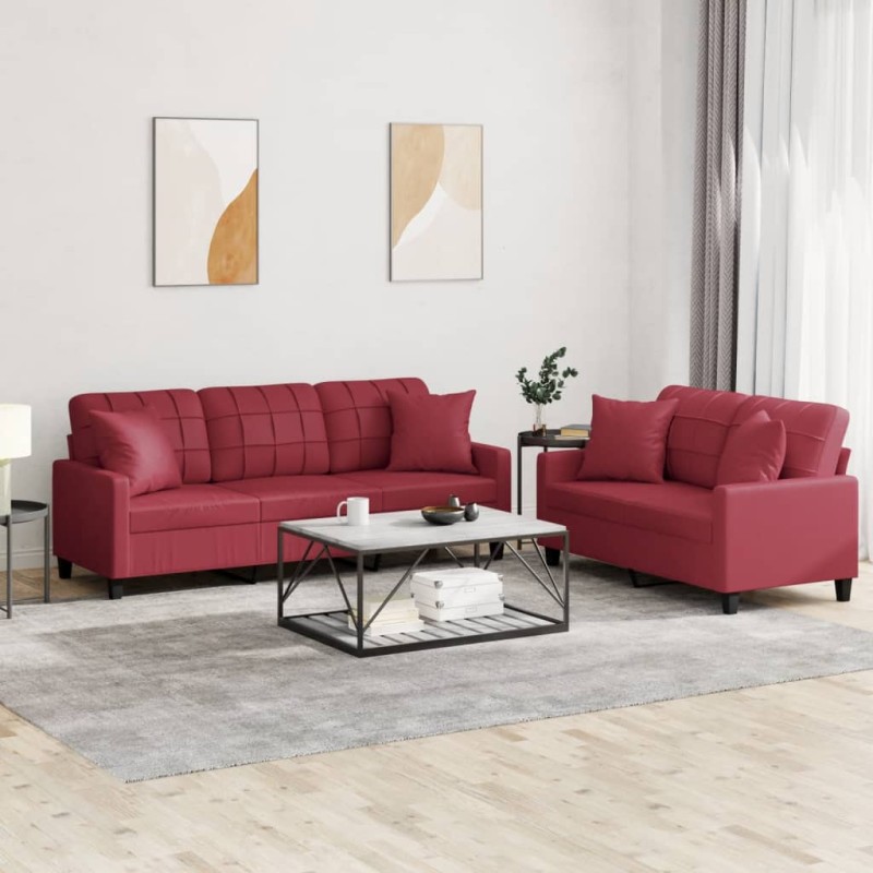 vidaXL 2-tlg. Sofagarnitur mit Kissen Weinrot Kunstleder vidaXL 2-tlg. Sofagarnitur mit Kissen Weinrot Kunstleder