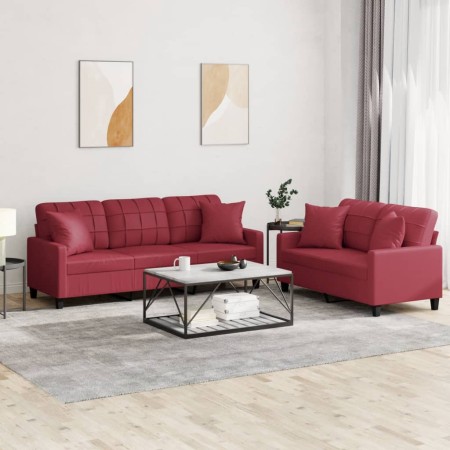 vidaXL 2-tlg. Sofagarnitur mit Kissen Weinrot Kunstleder