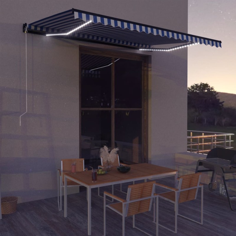 vidaXL Markise Manuell Einziehbar mit LED 450x300 cm Blau & Weiß vidaXL Markise Manuell Einziehbar mit LED 450x300 cm Blau & Weiß