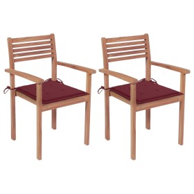 vidaXL Gartenstühle 2 Stk. mit Weinroten Kissen Massivholz Teak