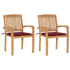 vidaXL Gartenstühle 2 Stk. mit Weinroten Kissen Massivholz Teak