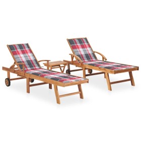 vidaXL Sonnenliegen 2 Stk. mit Tisch und Auflagen Massivholz Teak