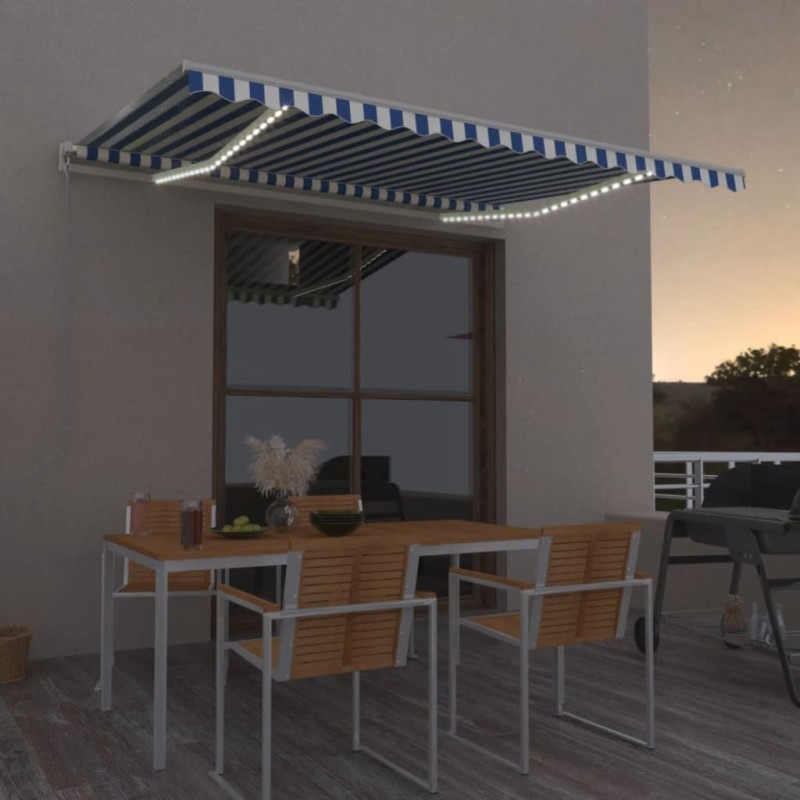 vidaXL Markise Manuell Einziehbar mit LED 450x350 cm Blau und Weiß vidaXL Markise Manuell Einziehbar mit LED 450x350 cm Blau und Weiß