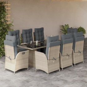vidaXL 9-tlg. Garten-Essgruppe mit Kissen Hellgrau Poly Rattan