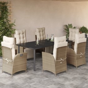 vidaXL 7-tlg. Garten-Essgruppe mit Kissen Beige Poly Rattan