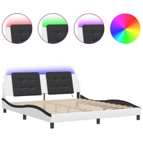 vidaXL Bettgestell mit LED Weiß und Schwarz 180x200 cm Kunstleder