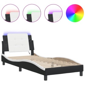 vidaXL Bettgestell mit LED Schwarz und Weiß 90x190 cm Kunstleder