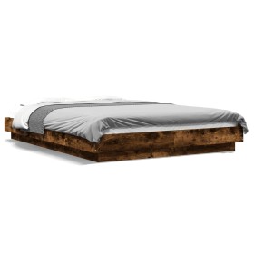 vidaXL Bettgestell mit LED Räuchereiche 135x190cm Holzwerkstoff